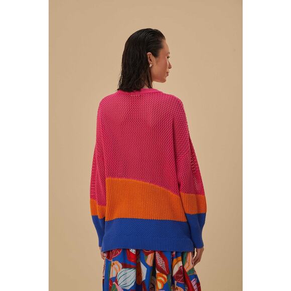 Farm Rio Amazon Stamps Open Knit Cotton Sweater Pink Womens Size Large Island - Picture 6 of 14